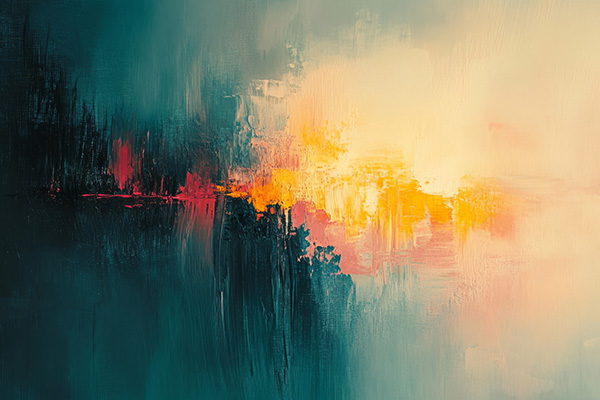 An abstract expressive painting showing colours and texture details on canvas
